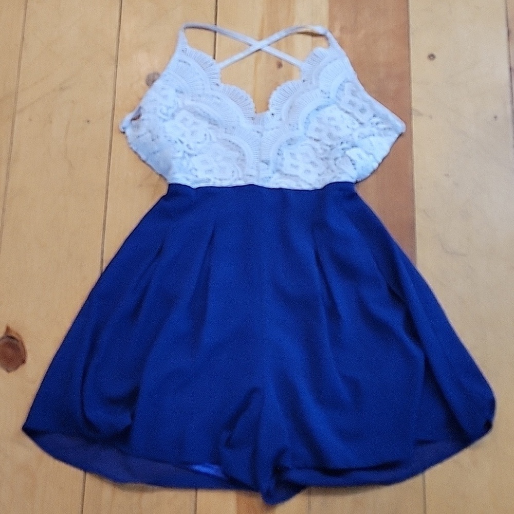 MOXEAY small blue with white lace romper sailor nautical retro